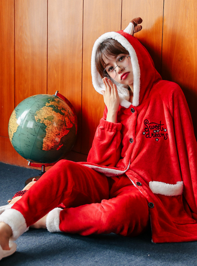 Christmas Reindeer Long Robe Lovely Winter Coral Fleece