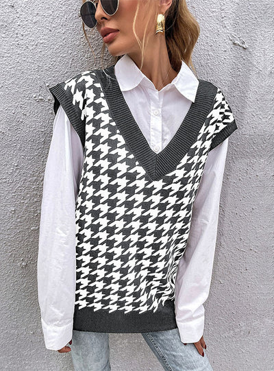 Thousand-bird V-neck Knitted Sleeveless Vest