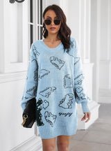 Dinosaur Jacquard V-neck Long Sleeve Sweater Dress