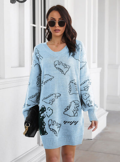 Dinosaur Jacquard V-neck Long Sleeve Sweater Dress
