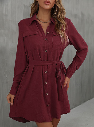 Lapel Lace-up Shirt Dress