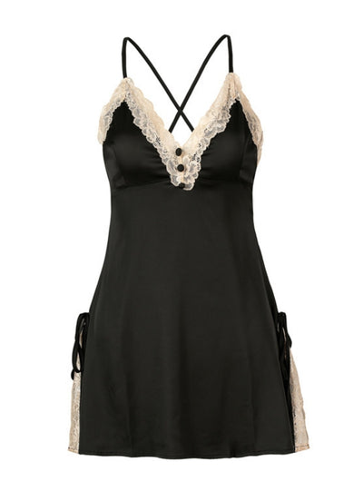 Spliced Lace Satin Silk-like Nightgown