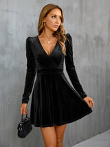 V-neck Long Sleeve Velvet Dress