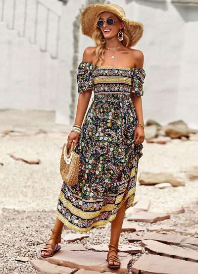 Beach Square Neck Bohemian Print Dress