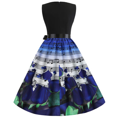Retro Sleeveless Note Flower Print Dress