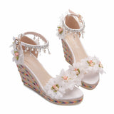Flower Beaded Fishmouth Wedge Sandals