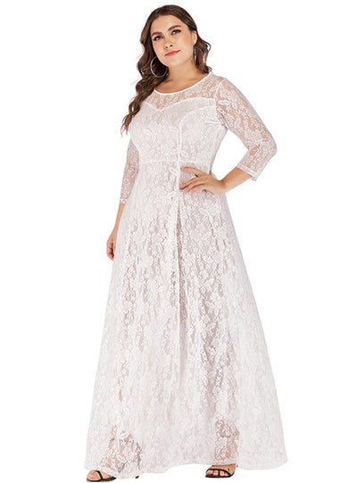 Large Size Lace 3/4 Sleeves Hollow Out Long Dress