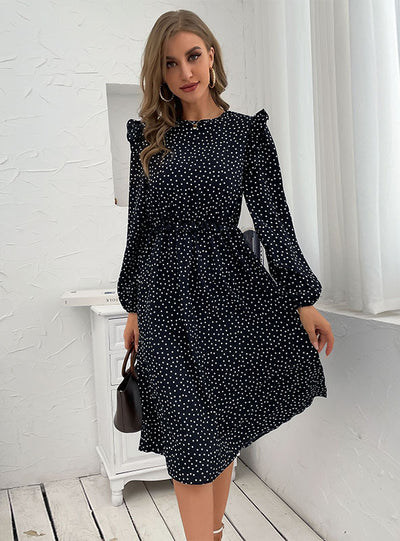 Round Neck Long Sleeve Polka Dot Dress