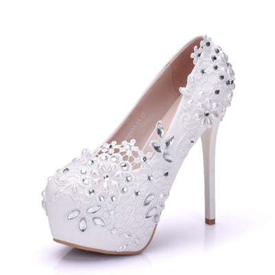 White Beaded Lace Flowers Wedding Shoes