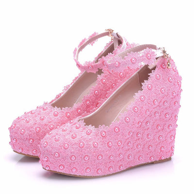 White Lace Wedges Wedding Shoes