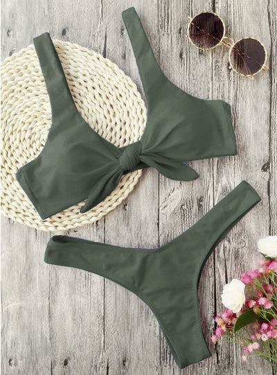 Women Knotted Padded Thong Bikini Mid Waisted 