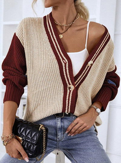 Single-breasted Contrast Atriped Sweater Cardigan Coat