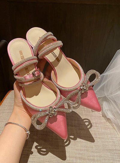 Pointed Buckle Rhinestone Bow Sandal