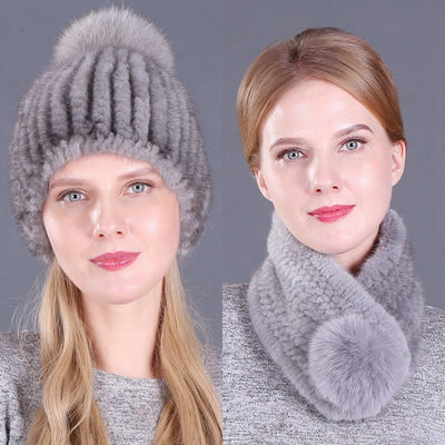 Fur Hat Female Mink Fur Fox Fur Ball Ear Hat Set