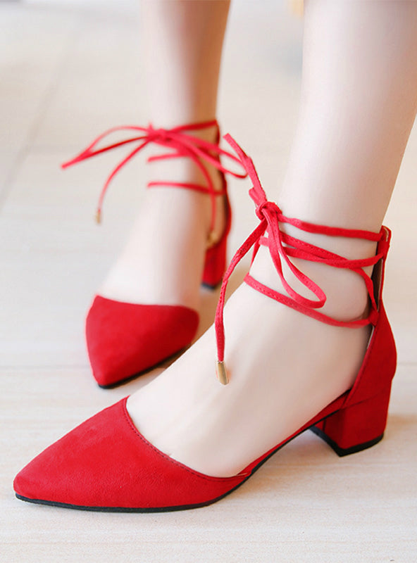 Women Sandals Lace Up Pumps Pointed Toe Square Heeled 