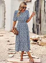 Silm Waist Round Neck Printed Dress