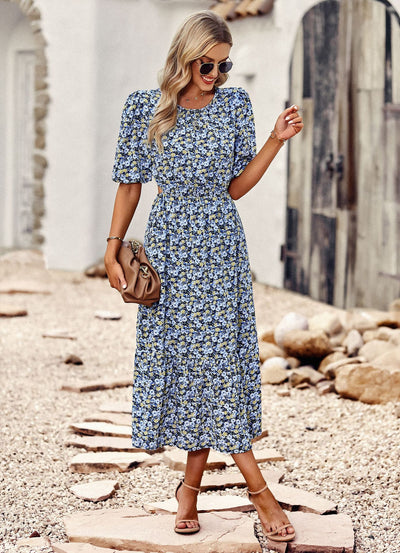 Silm Waist Round Neck Printed Dress