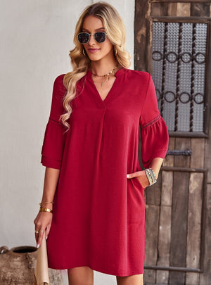 Solid Color Loose V-neck Short Dress
