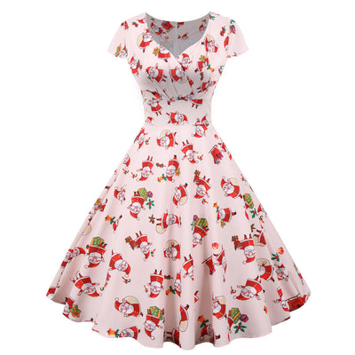 V-neck Short Sleeve Printed Big Swing Dress