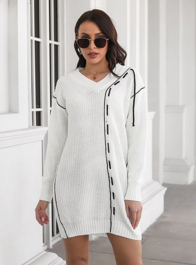 Drawstring V-neck Long Sleeve Sweater Dress