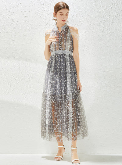 Collar Gauze Print Perspective Dress