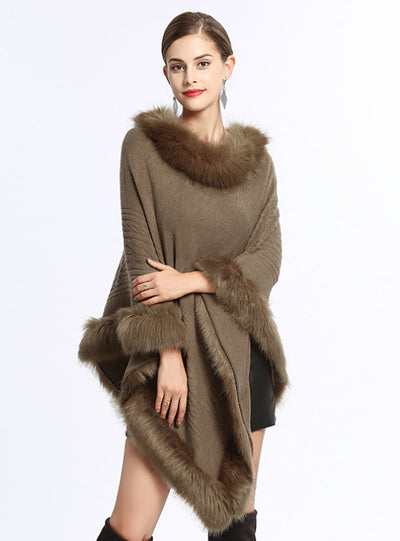 Fox Like Fur Collar Round Pullover Sweater Cape Shawl