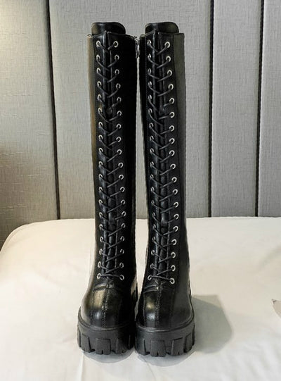 Women Cross Strap PU Leather Boots Knee High Boots