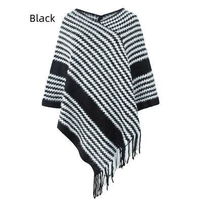 Knitwear Striped Tassel Cloak Shawl Coat