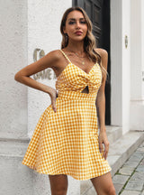 Plaid Cotton Kinked V-neck Sling Dress