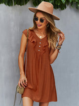 Round Neck Lotus Leaf Sleeve Solid Color Casual Dress