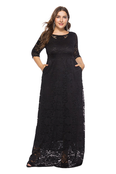 Hollow Lace Pocket Short Sleeve Long Dress