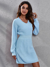 Women V-neck Long Sleeve Sweater Dress