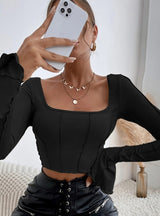 Slim-fit Long Sleeve Square Top T-shirt