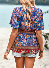 Retro V-neck Short Sleeve Printed Shirt