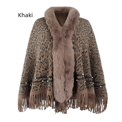 Leopard Print Fur Collar Tassel Warm Scarf Shawl