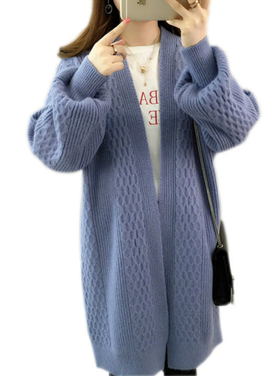 V neck Lantern Sleeve Open Stitch Loose Sweater Jacket