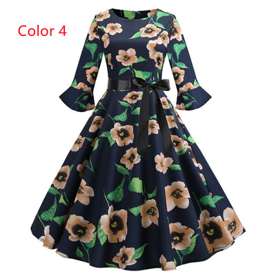 Retro Mid-sleeve Round Neck Print Dress
