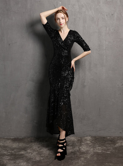 Long-sleeved V-neck Hi Lo Dress