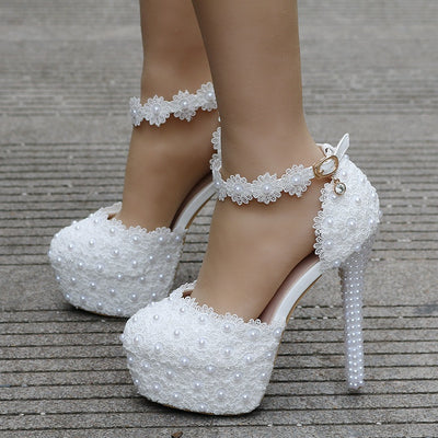 White Lace Beaded Bridal Shoes