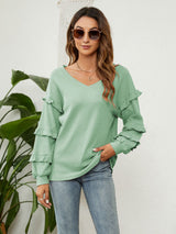 Women V-neck Lantern Sleeve Top
