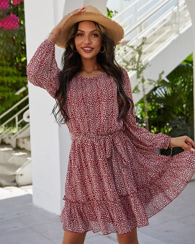 Round Neck Long Sleeve Printed Dress