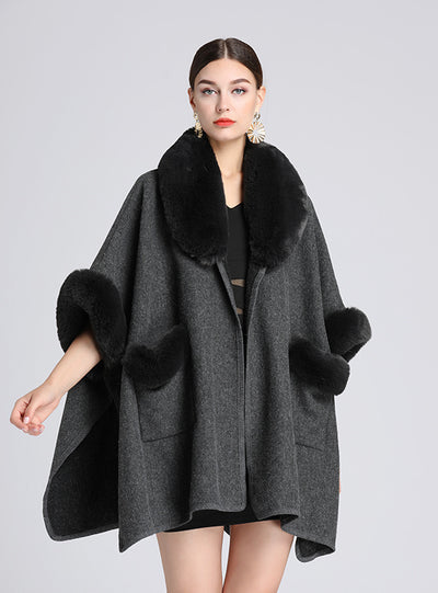 New Fur Collar Shawl Cloak Loose Woolen Coat Cardigan