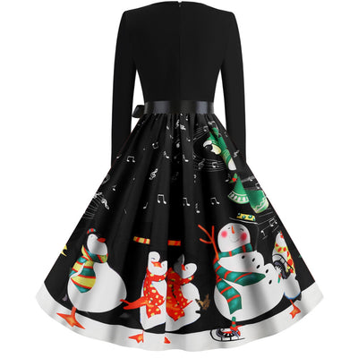 Christmas Penguin Print Long Sleeve Dress
