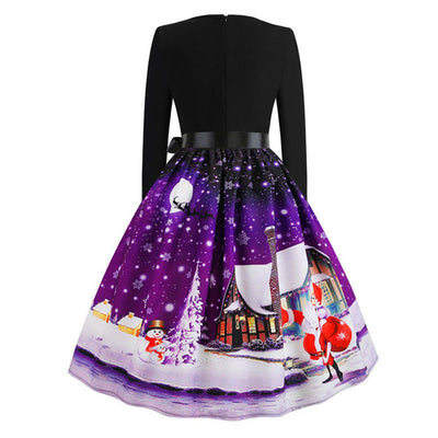 Retro Christmas Printed Long Sleeve Dress