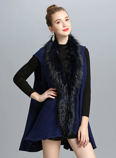Women's Imitate Fox Fur Collar Knitted Cardigan Vests