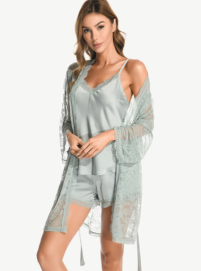 Sexy Ice Silk Sling Nightgown Three-piece Set
