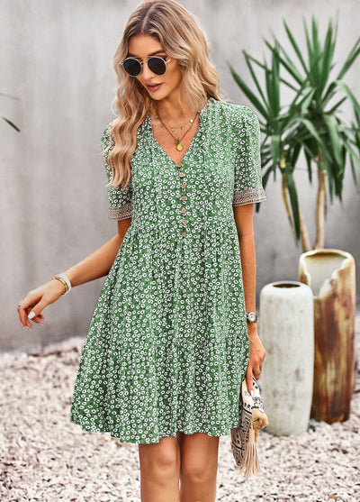 V-neck Floral Short-sleeved Dress