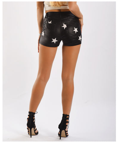 PU Leather Pants Elastic Metal Hole Rope Shorts