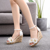 White Flower Fishmouth Wedge Sandals