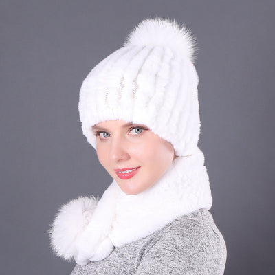 Rex Rabbit Fur Hat Scarf Winter Two-piece Set